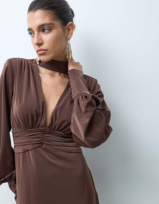 Pretty Lavish satin scarf neck blouson sleeve fishtail maxi dress in chocolate, 5 of 5