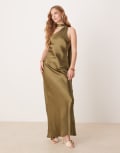 [Pretty Lavish] Pretty Lavish satin scarf neck maxi dress in deep olive-Green 8 Olive