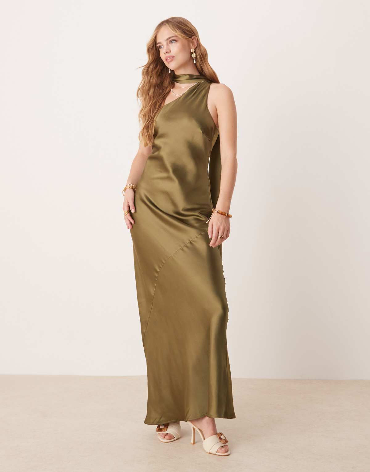 Pretty Lavish satin scarf neck maxi dress in deep olive