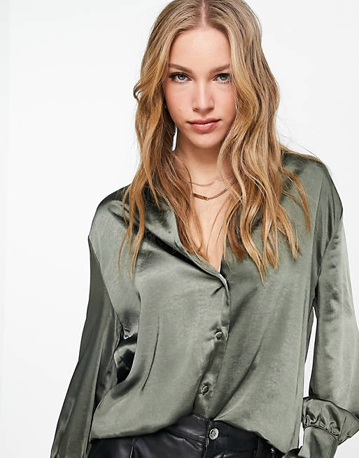  Shirts & Blouses/Pretty Lavish satin shirt co-ord in olive green 