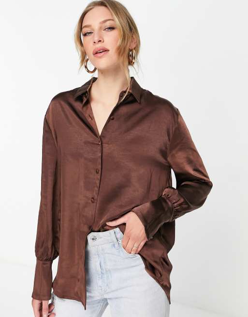 Plus Chocolate Brown Satin Shirt Dress