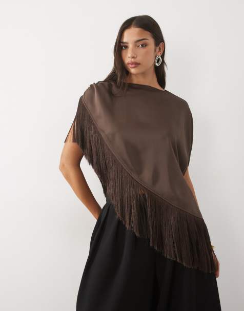 Pretty Lavish satin slash neck asymmetric fringe detail top in chocolate - view 1