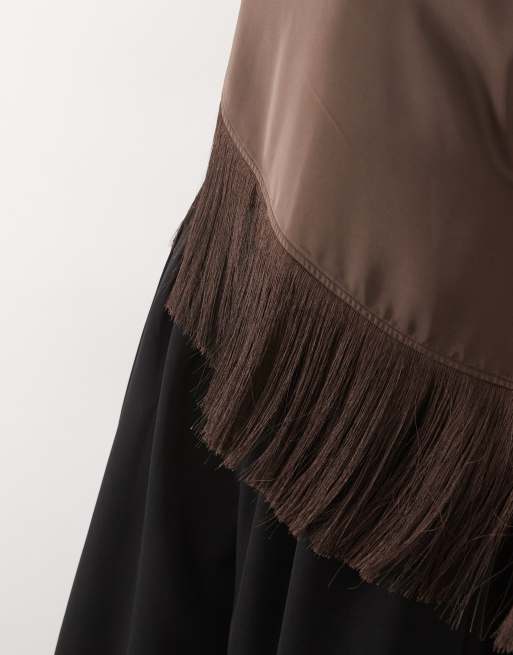 Pretty Lavish satin slash neck asymmetric fringe detail top in chocolate, 3 of 4