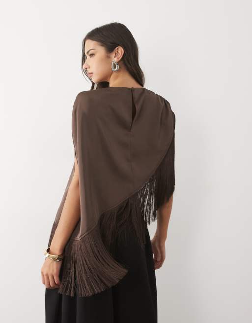Pretty Lavish satin slash neck asymmetric fringe detail top in chocolate, 4 of 4