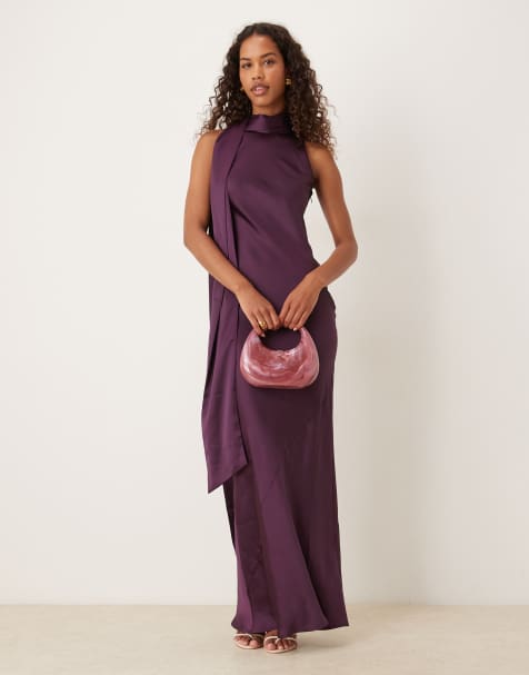 Pretty Lavish satin sleeveless high neck drape scarf detail maxi dress in purple