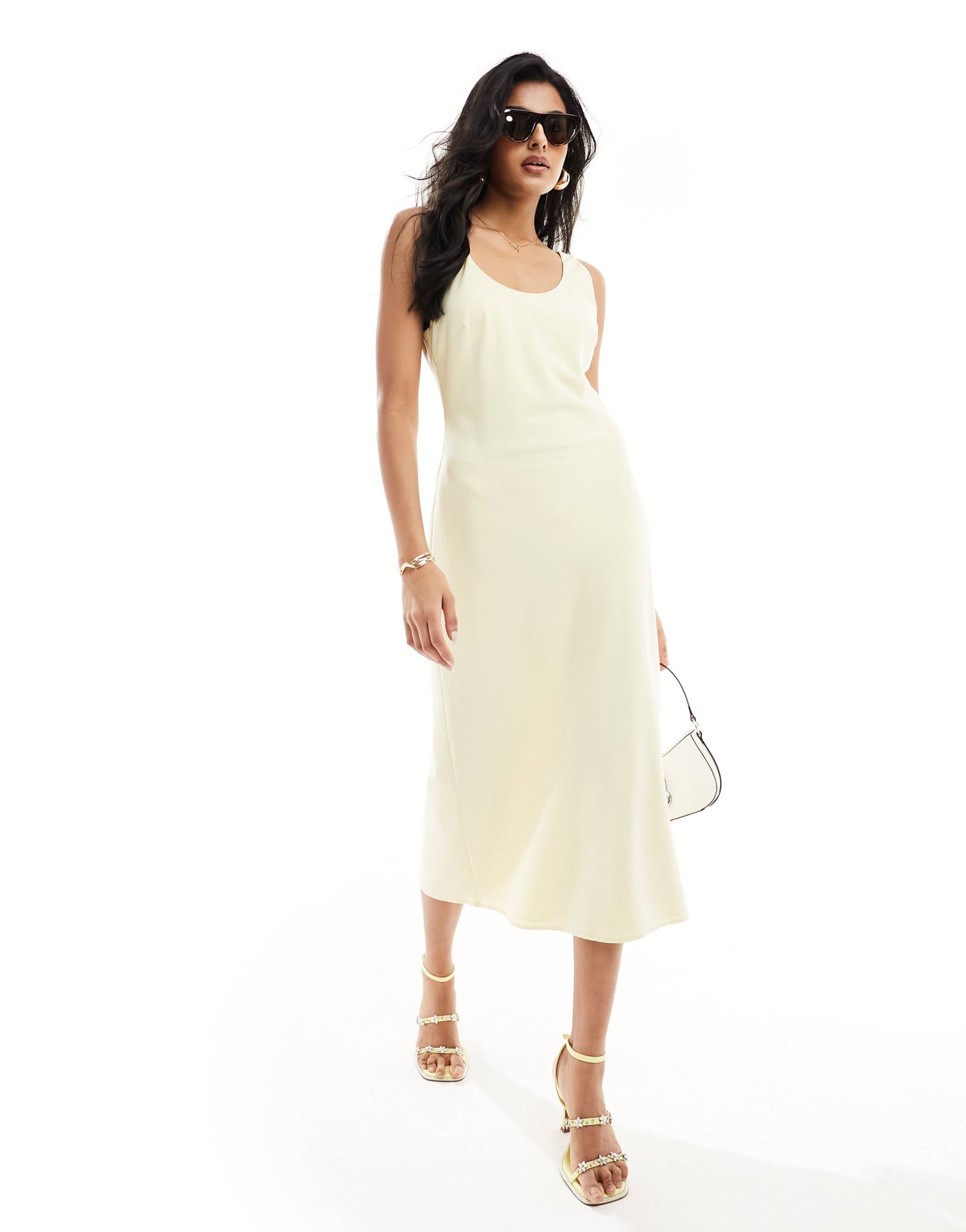 pretty lavish satin slip midi dress in butter lemon