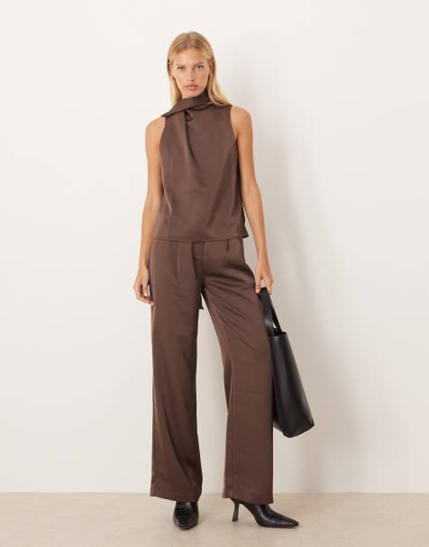 Pretty Lavish satin tailored trousers co-ord in chocolate brown - view 1