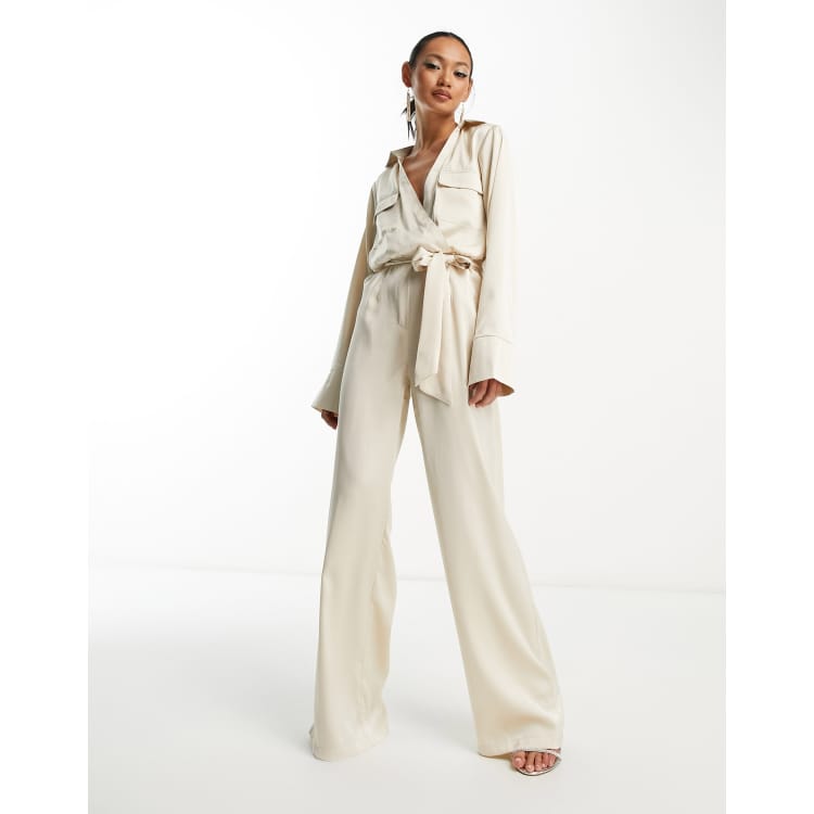 Pretty Lavish satin tie waist utility jumpsuit in cream