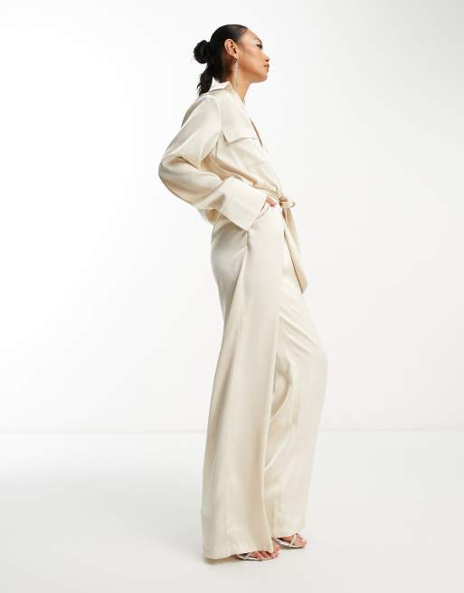 Pretty Lavish satin tie waist utility jumpsuit in cream