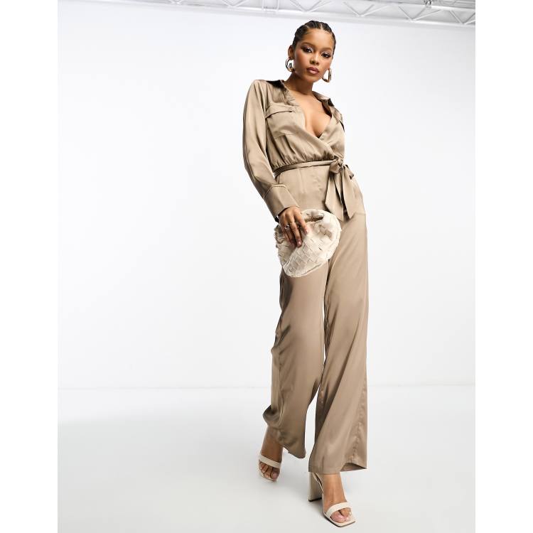 Pretty Lavish satin tie waist utility jumpsuit in mocha