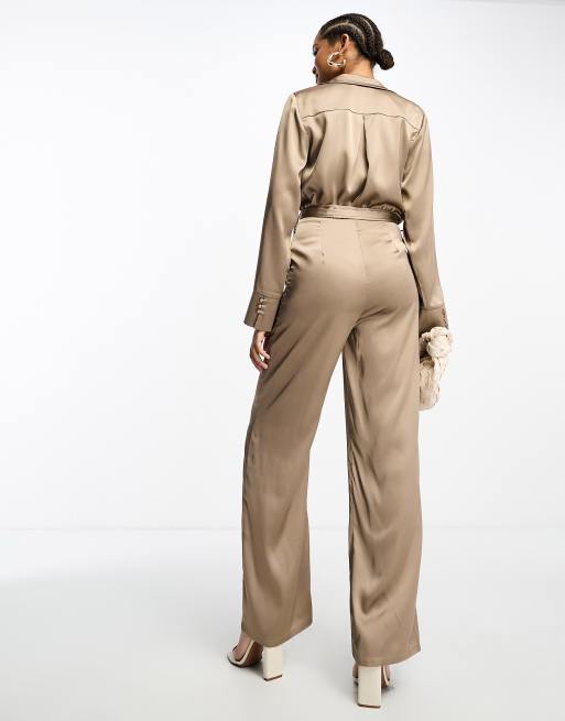 Pretty Lavish satin tie waist utility jumpsuit in mocha | ASOS