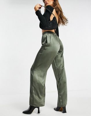 Pretty Lavish satin trouser co-ord in olive green