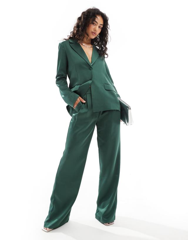 emerald green dress pants women's Pretty Lavish satin wide leg in - part of a set 5% Elastane Wrinkle courtline Sleeveless Loose Floaty Dresses Size CN/US:M / 4~6 emerald green green wide leg pants outfit