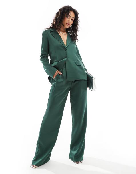 Pretty Lavish satin wide leg trouser co-ord in emerald - view 1
