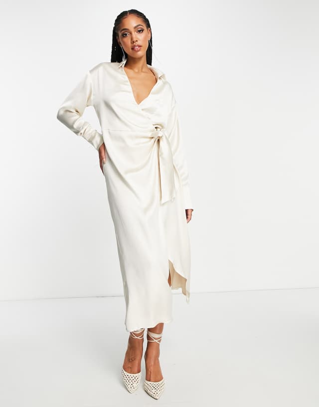 Pretty Lavish satin wrap shirt dress in oyster