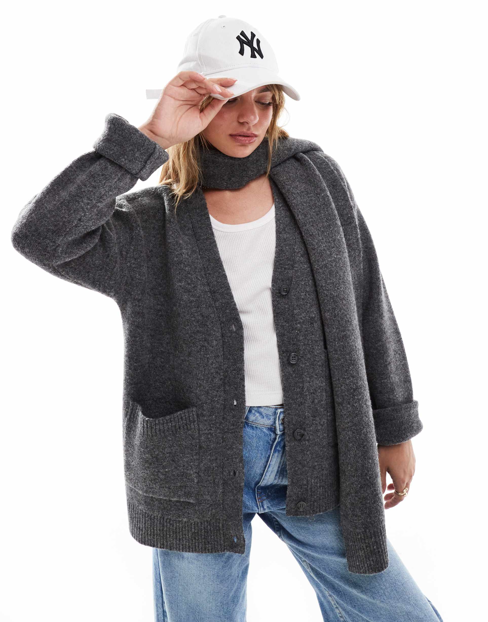 pretty lavish scarf cardigan in charcoal gray