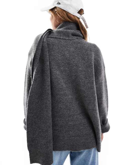 Pretty Lavish scarf cardigan in charcoal grey, 2 of 4