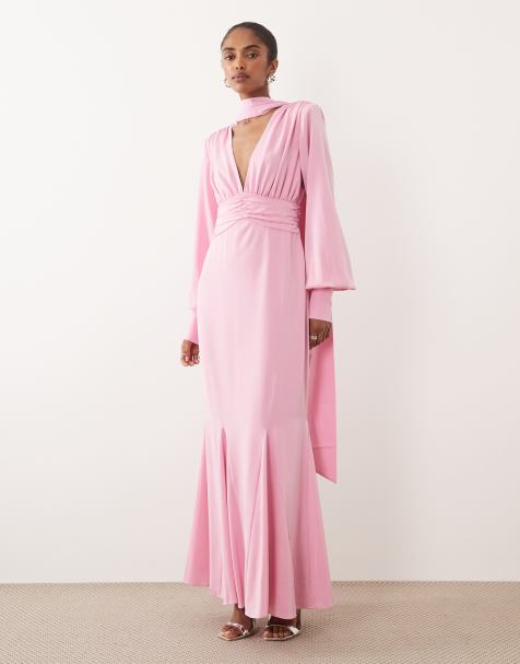 Pretty Lavish scarf detail v-neck deep cuffs satin maxi dress in pink - view 1