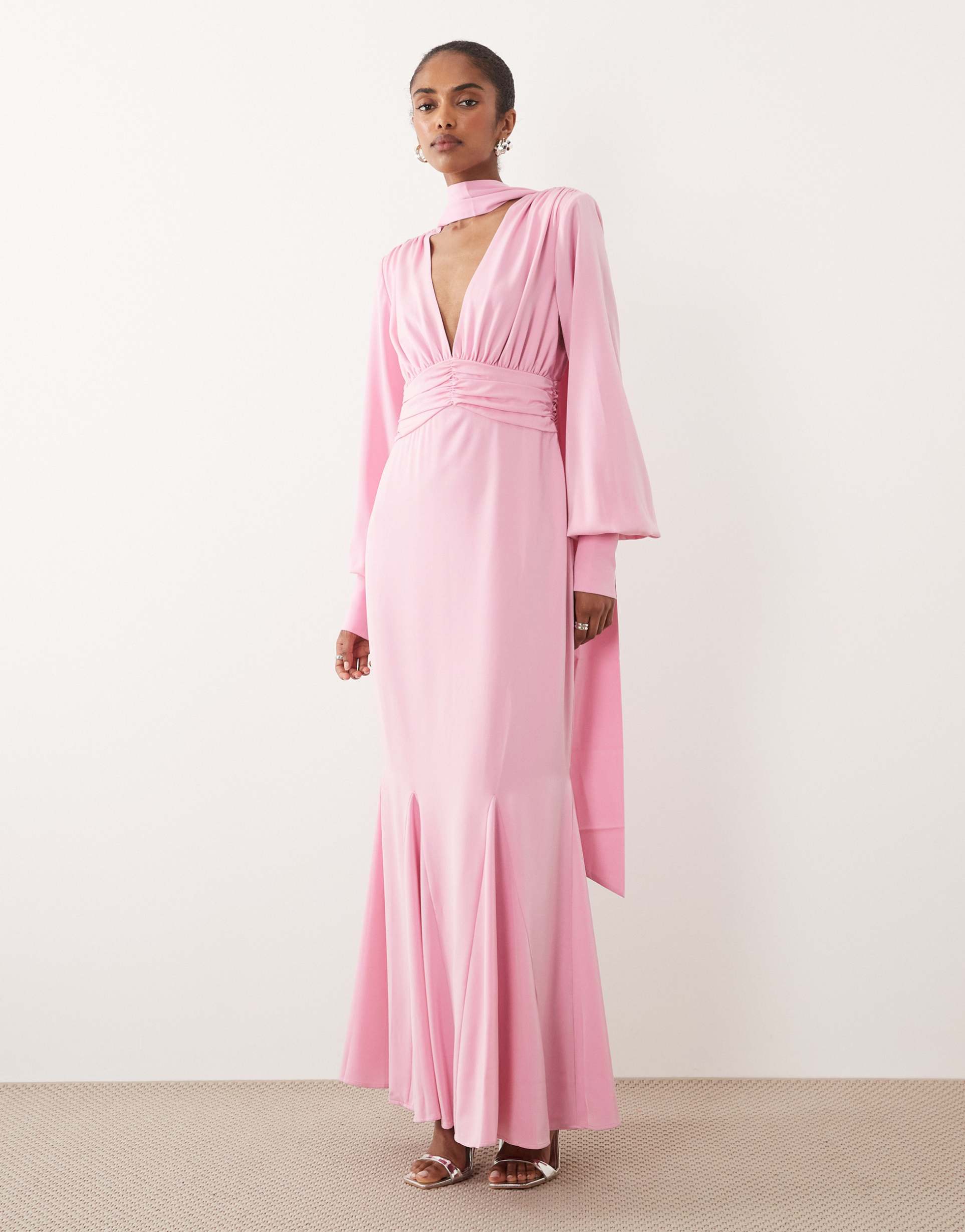 pretty lavish scarf detail v-neck deep cuffs satin maxi dress in pink