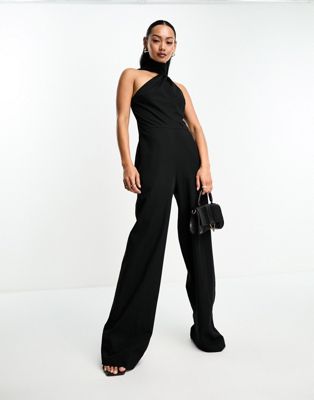 ASYOU satin cowl lattice jumpsuit with strap detail in black