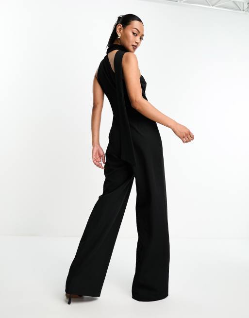 Pretty Lavish satin tie waist utility jumpsuit in black