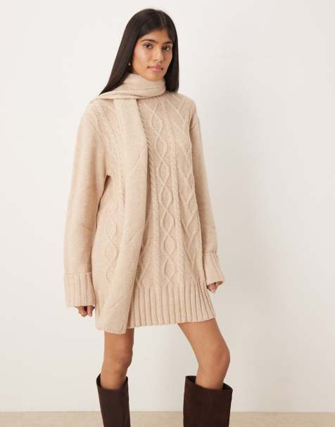Pretty Lavish scarf neck cable knit mini jumper dress in neutral - view 1