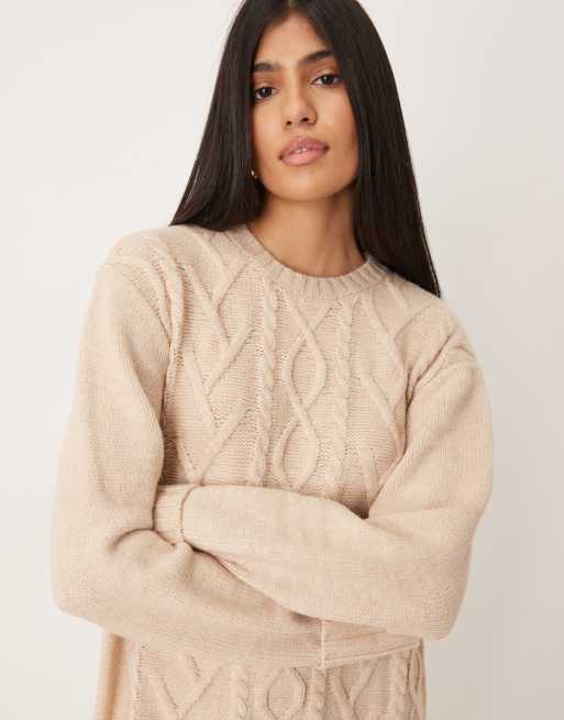 Pretty Lavish scarf neck cable knit mini jumper dress in neutral, 2 of 4