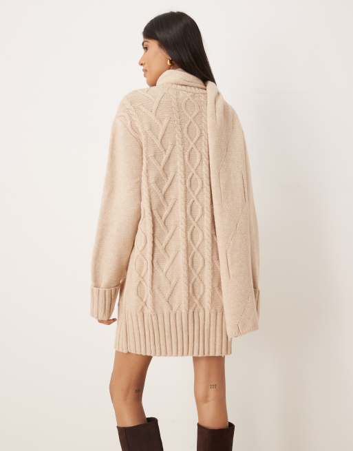 Pretty Lavish scarf neck cable knit mini jumper dress in neutral, 4 of 4