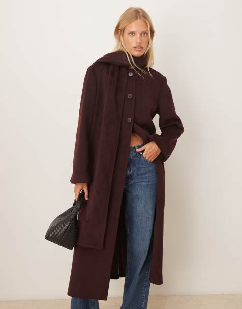Pretty Lavish scarf neck overcoat in burgundy - view 1