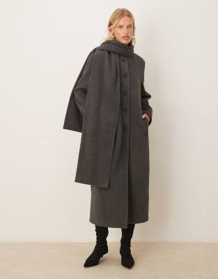 Pretty Lavish Scarf Neck Overcoat In Gray