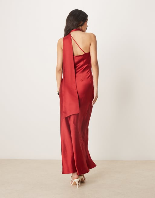 Pretty Lavish scarf neck satin maxi dress in red, 4 of 4