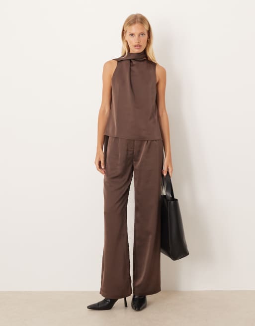 Pretty Lavish scarf neck satin top in chocolate, 3 of 4