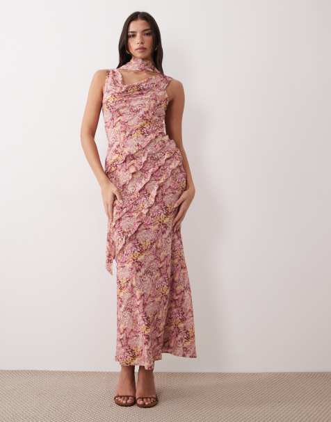 Pretty Lavish scarf ruffle split front maxi dress in abstract berry print - view 1