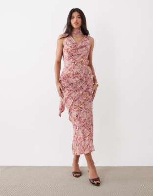 Pretty Lavish Scarf Ruffle Trim Slit Front Maxi Dress In Pink