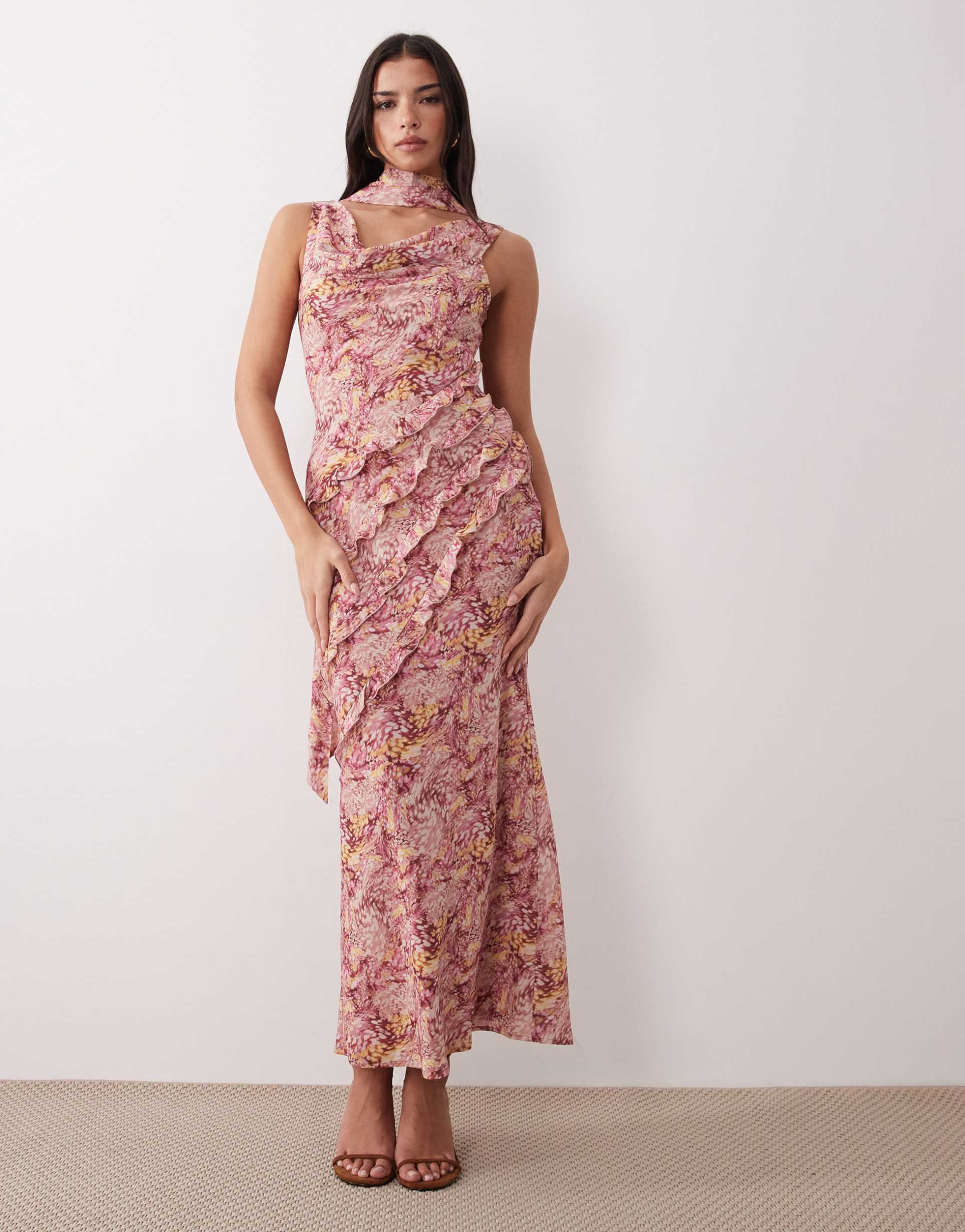 pretty lavish scarf ruffle trim slit front maxi dress in abstract berry print