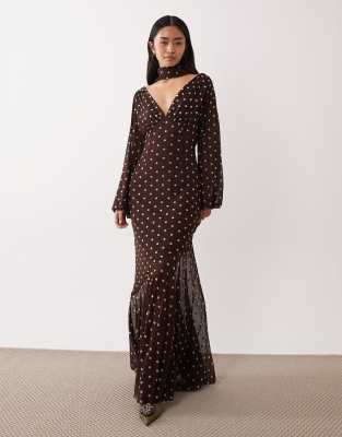 Pretty Lavish Chiffon Scarf V-neck Maxi Dress In Brown