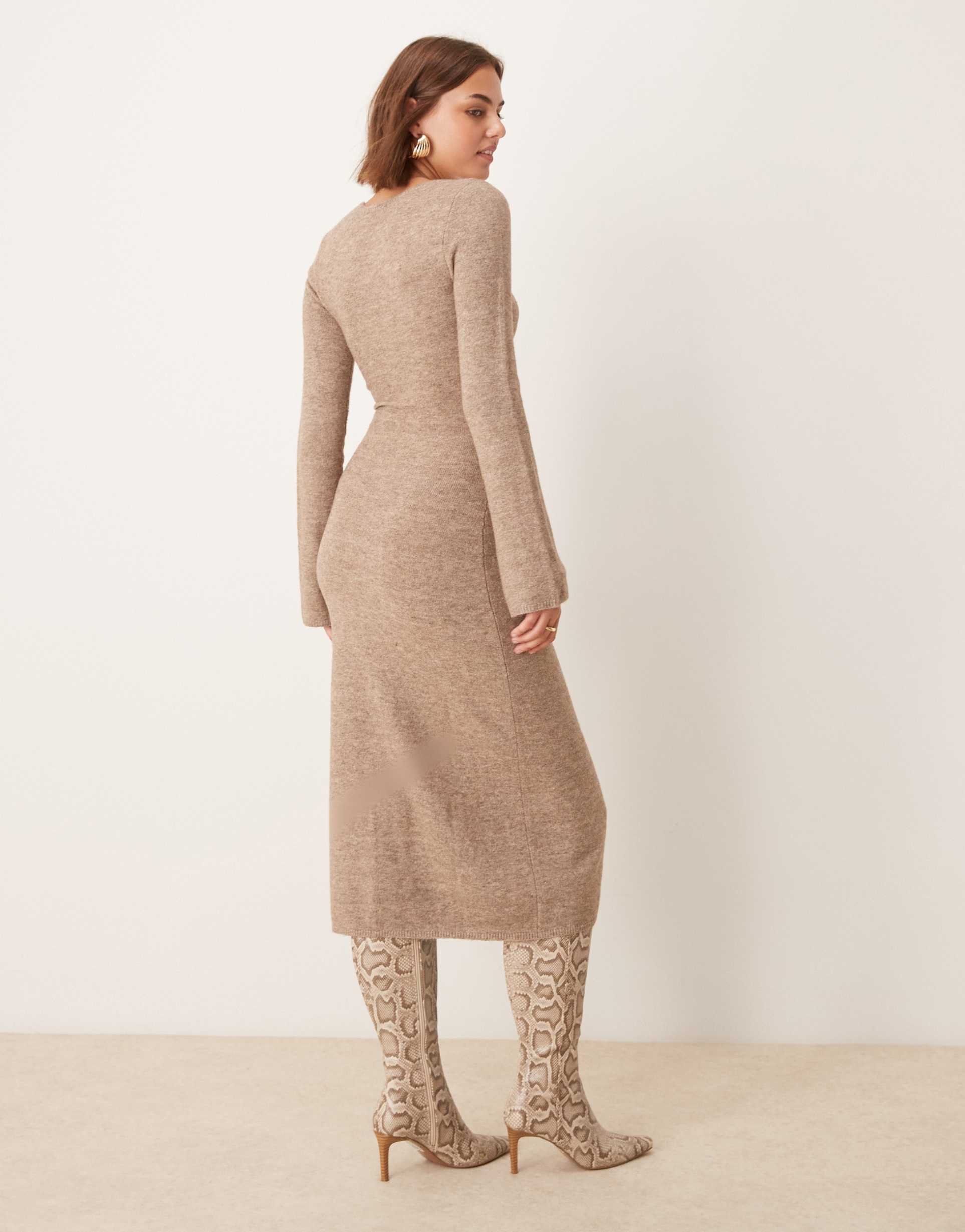pretty lavish scoop neck knit midaxi dress in soft brown