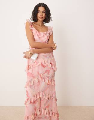 scoop neck ruffle maxi dress in pink and brown marble