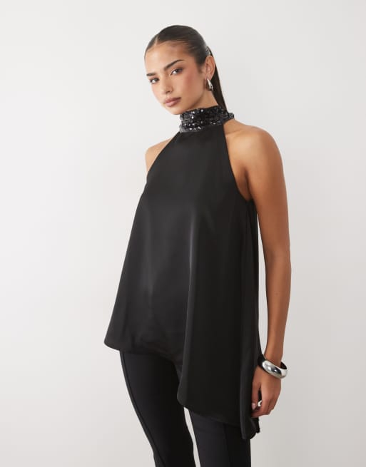 Pretty Lavish sequin high neck scarf detail asymmetric top in black, 2 of 4