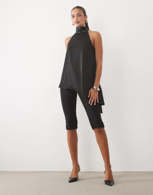 Pretty Lavish sequin high neck scarf detail asymmetric top in black, 3 of 4