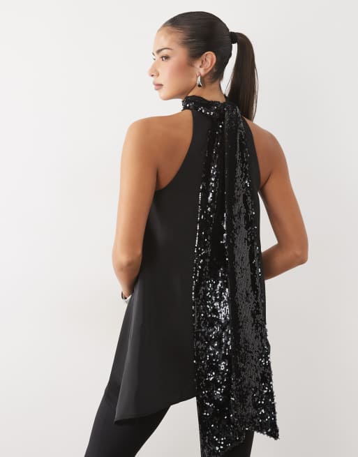 Pretty Lavish sequin high neck scarf detail asymmetric top in black, 4 of 4