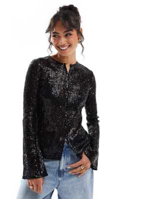 Pretty Lavish sequin lace cardigan in black φωτογραφία