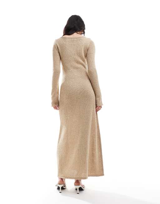 fitted lace wedding dress Gold Lurex Knit Maxi Dress – self-portrait-US