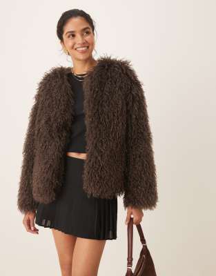Pretty Lavish Shaggy Faux Fur Coat In Brown