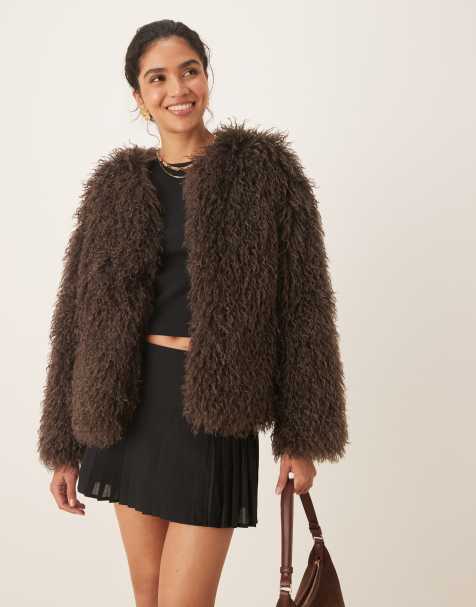 Pretty Lavish shaggy faux fur coat in brown - view 1