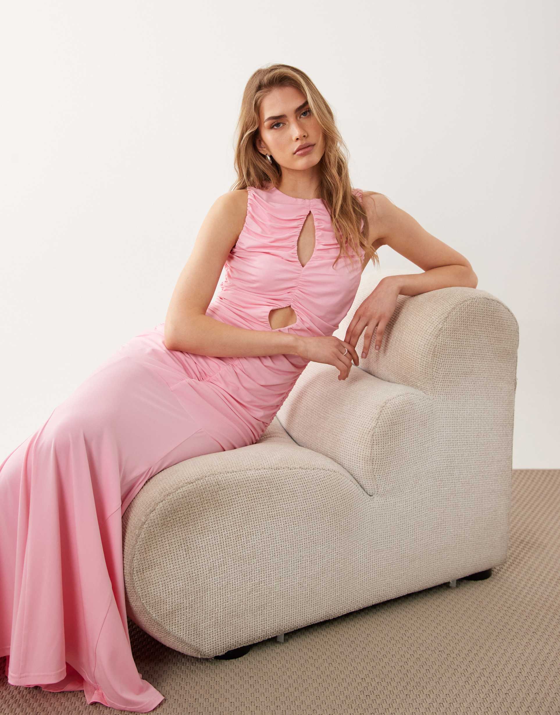 pretty lavish shayla ruched cut out jersey maxi dress in peony pink