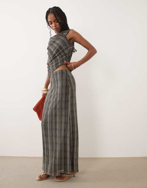 Pretty Lavish mesh off shoulder top and maxi skirt co-ord in black and cream stripe, 3 of 3