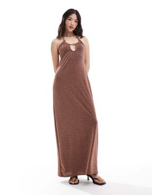 shimmer slip maxi dress in brown sparkle