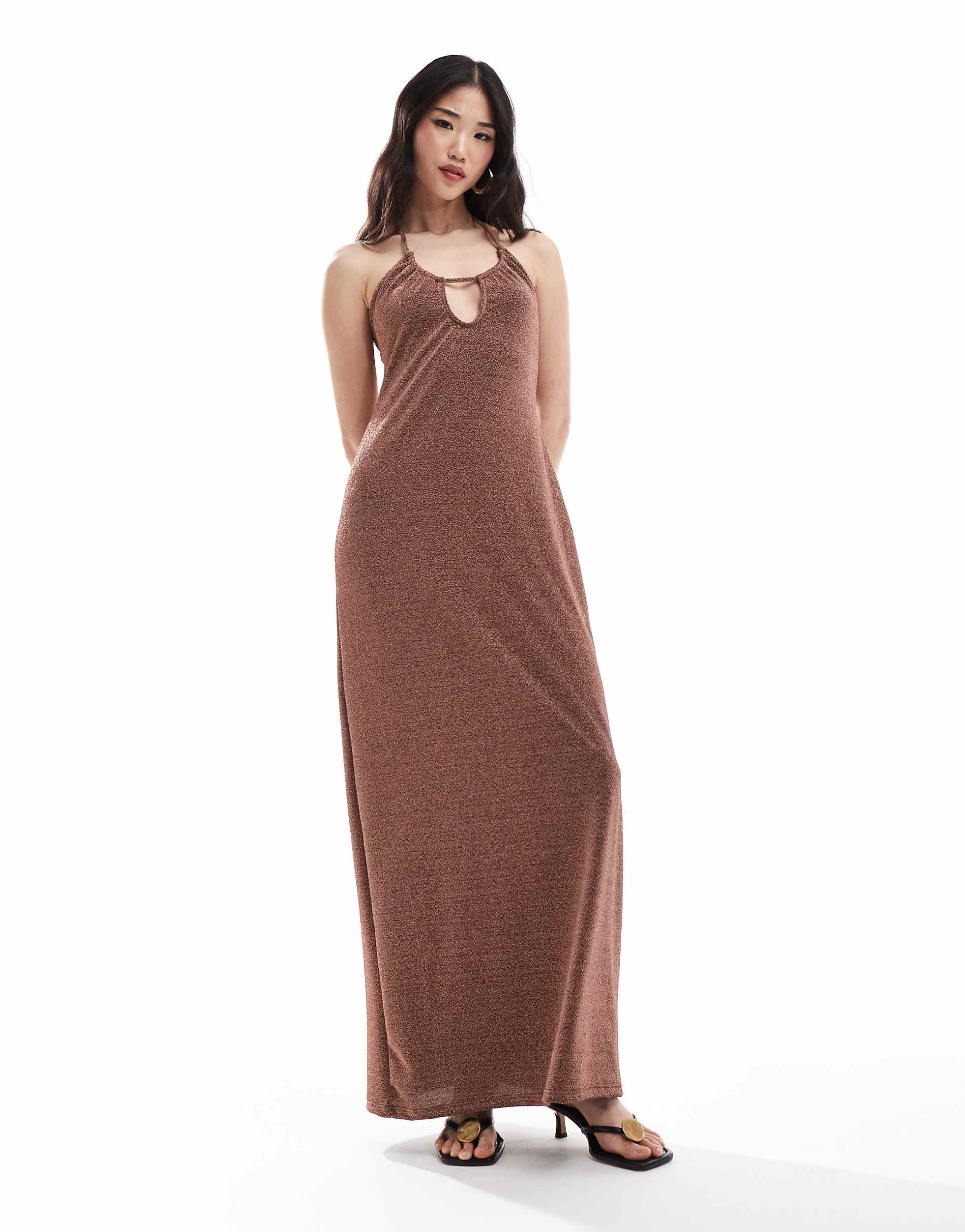 pretty lavish shimmer slip maxi dress in brown sparkle