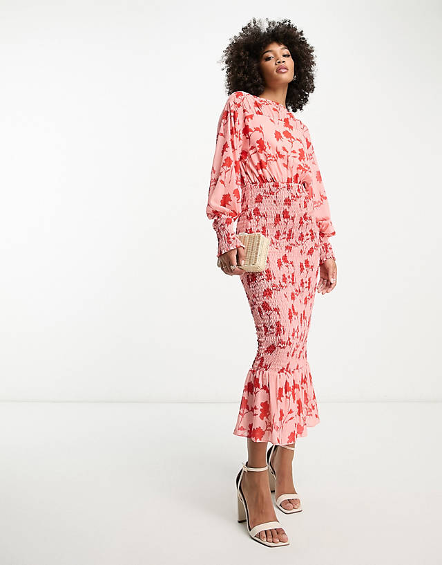 Pretty Lavish - shirred maxi dress in pink and red floral